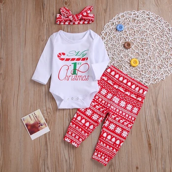 

Baby Girl Costume Christmas Clothes Set Long Sleeve Romper Tops + Pants with Headband Three Pieces Set Newborn Baby Outfits Fall