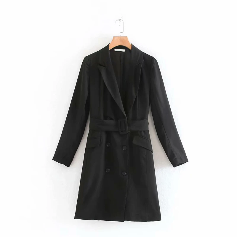 Осень, черный длинный костюм, Блейзер, женский двубортный пиджак с поясом, пальто, женская верхняя одежда, элегантные офисные женские пиджаки