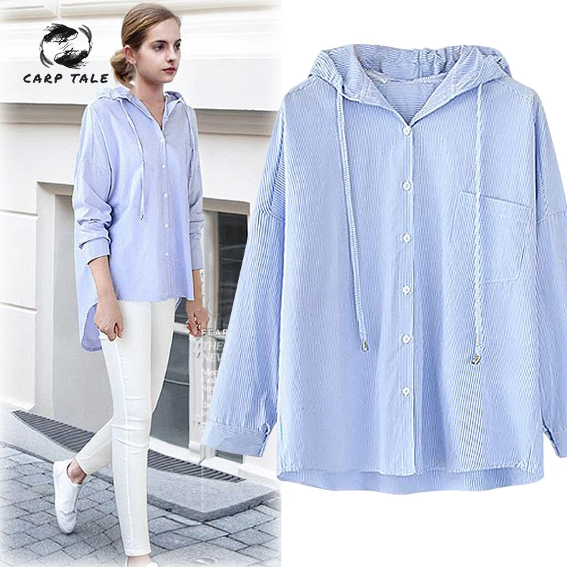 

Fall 2019 New Irregular Wild Striped Shirt Hooded Collar Long-sleeved Women's Cloth Top Shirts Autumn Women Blouses Blue