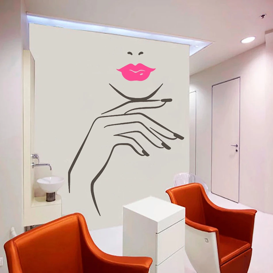 

Women Beauty Salon Wall Stickers Beautiful Lady Hairdresser For Lady's Red Lips Vinyl Makeup Hair Hairdo Barbers Decals HJ0006