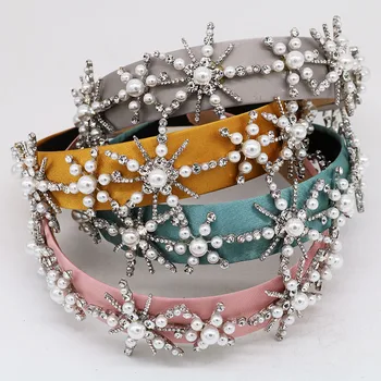 

Charm Baroque Snowflake Rhinestone Flower Crown Pearl Headband Queen Prom Hairband Diadem Crystal Hair Jewelry Festival Gift