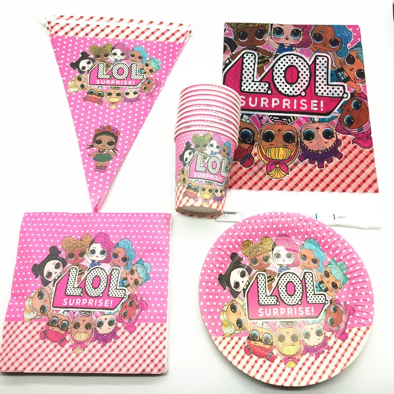 

81pcs Surprise Dolls Theme Cartoon Disposable Tableware Girl kids Birthday Party Paper Cups +Plates+Napkins+Flags Sets Supplies