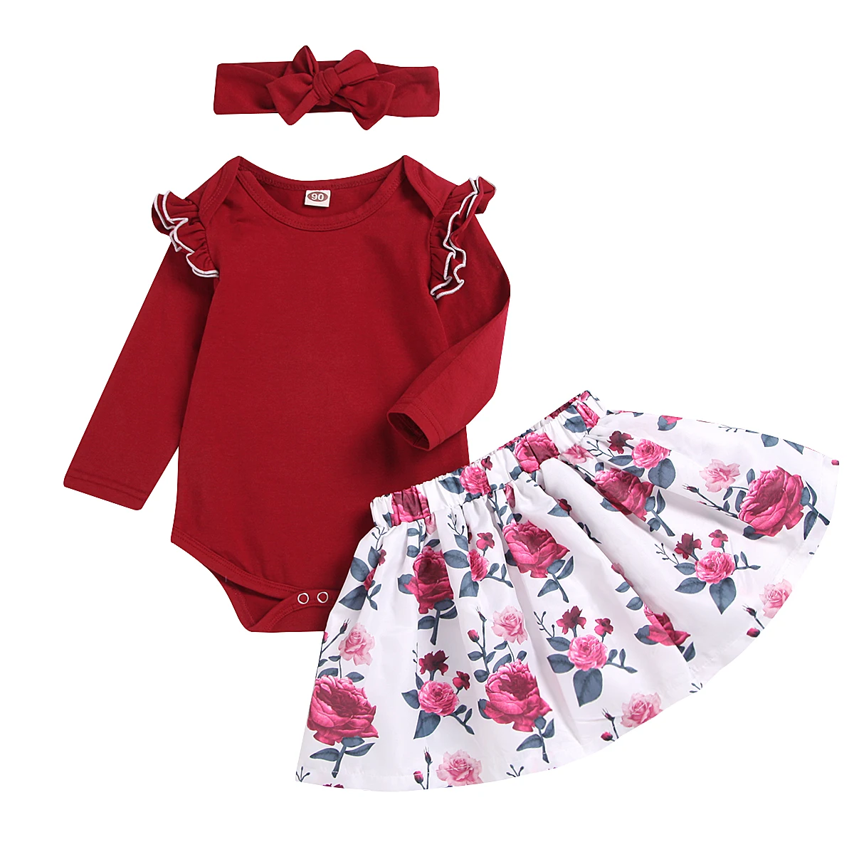Wholesale longsleeve 3 pieces infant baby clothing set cotton romper tops + skirt + headband outfit