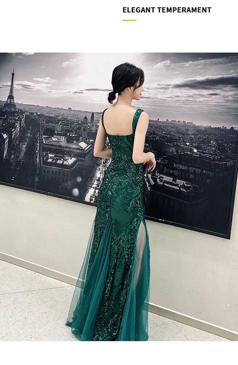 New Dark green long mermaid spaghetti strap sequines sexy lady girl prom dress evening dress free shipping yellow formal dresses