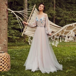 Simple Prom Dress With Long Sleeves Elegant Tulle Party Gown For Girl Button Back Applique A Line Floor Length Vestido De Noch