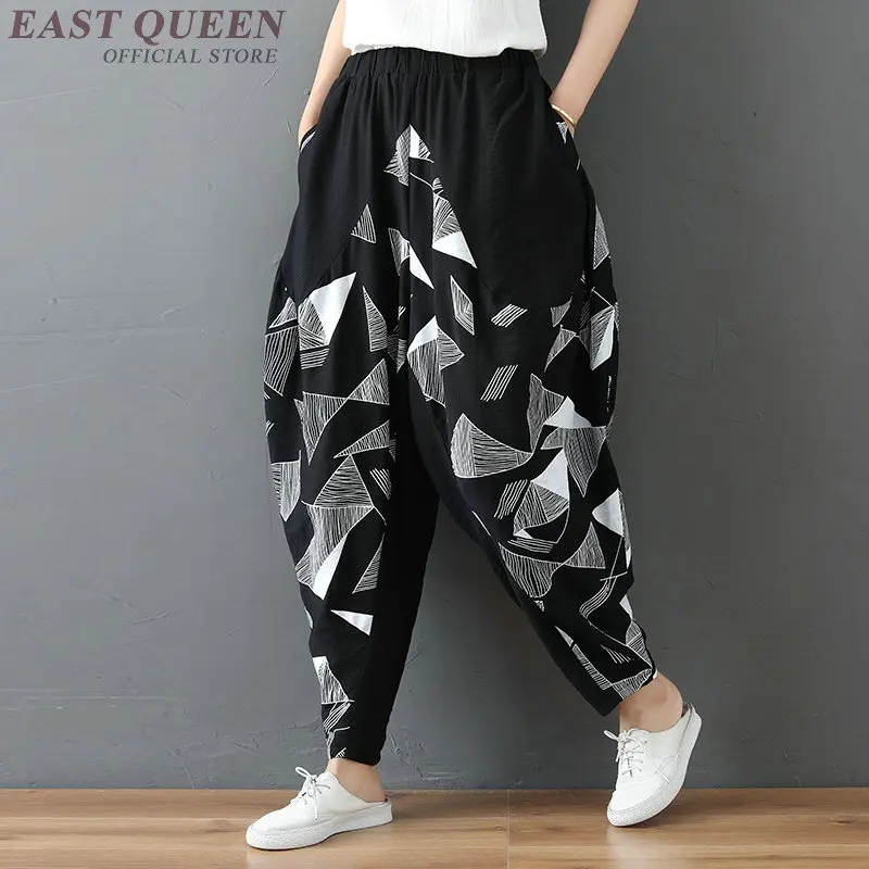 Online Chinese Store Harem Pants Loose Casual Female Bottoms Print Hip Hop Elastic Waist Cotton Linen Trousers Women TA1772