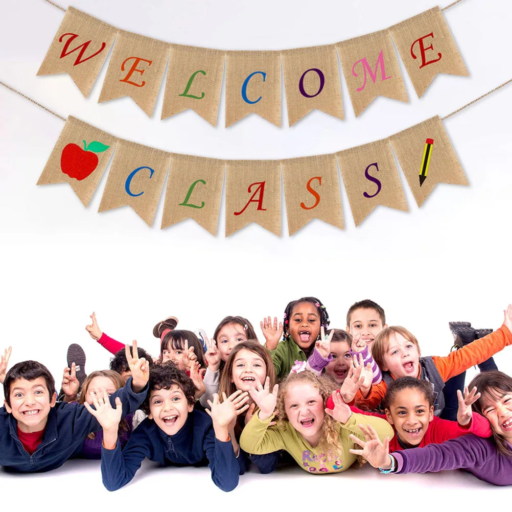

Burlap Banner Welcome Class Bunting Garland Starting School Pull Flag Hanging Banners School First Day Party Decoration Supplies