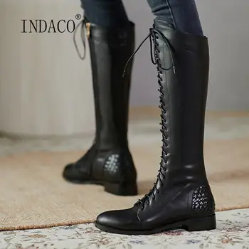 

Plus Size Women Winter Boots Leather Thigh High Boots Women Low Heel Knee High Boots Round Toe Black Brown Side Zipper