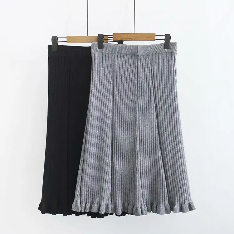 

F3189-Korean-style WOMEN'S Wear 2019 Autumn And Winter New Style Mid-length High-waisted Sunken Stripe Frilled Knitted Overskirt