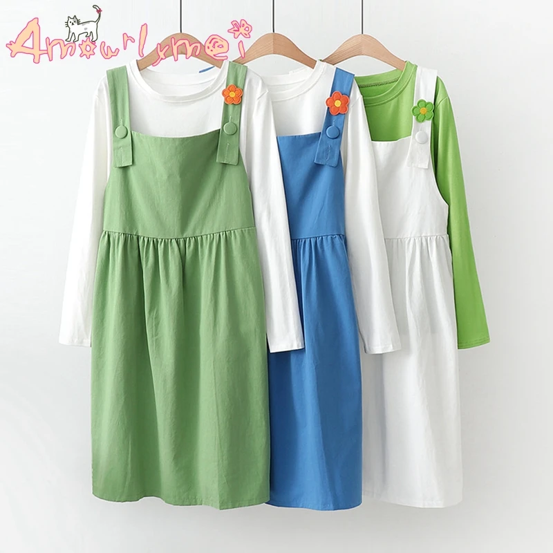 

2019 Autumn Women Dress Japanese Style Mori Girl Lolita Sweet Flower O-neck Loose Long Sleeve Cotton Casual Two Piece Dress