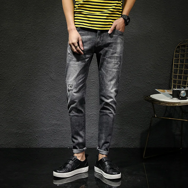 Summer New Men's Jeans Hole Slim Stretch Thin feet pants Fashion Korean Style Straight Casual trousers Streetwear | Мужская одежда