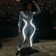 Fitshinling Sporty Workout Long Jumpsuit Reflective Bodybuilding Push Up Playsuits Zip-Up Fitness Athleisure Body Romper Female
