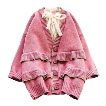 

Autumn Ruffles Knitted Cardigan Women Long Sleeve Loose Single Breasted Sweater Ladies Casual V-neck Solid Outwear Tops
