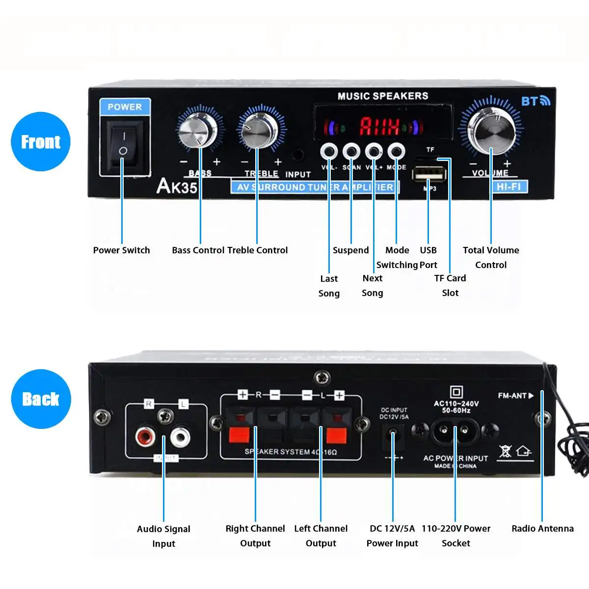 AK35 380 800W Home Digital Amplifiers Audio 110-240V Bass Audio Power bluetooth Amplifier Hifi FM Auto Music Subwoofer Speakers 6 channel amp