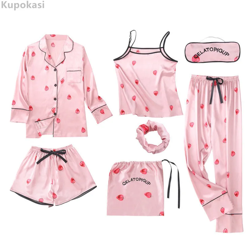 Kupokasi Pink 7 Pieces Women's Pajamas Sets Faux Silk Striped Pyjama Sleepwear Spring Autumn Homewear pijamas women sexy
