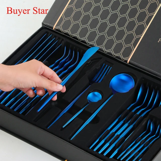 24Db Rozsdamentes Acél Arany Asztali Edények Villa Kanálkés Evőeszközök Szett 6 Étkészlet Vacsora Szálloda Ajándékdoboz - Image 4