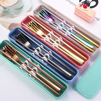 

Color portable tableware set Korean 304 stainless steel chopsticks spoon Fork outdoor camping tableware three-piece set