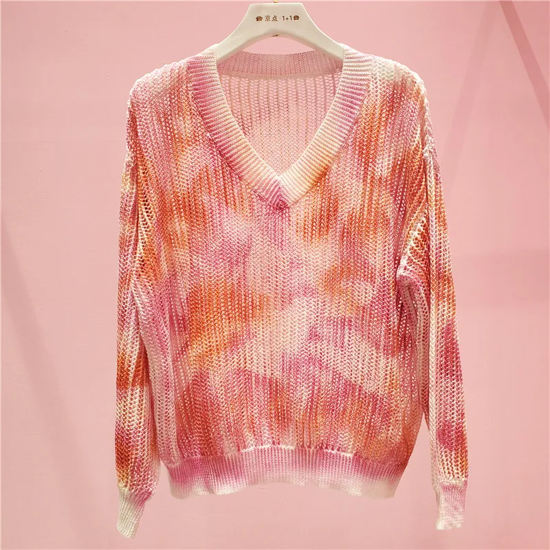 

Fall Women Sweaters New European Lazy Wind Perspective Hollow V-neck Sweater Loose Print Sweater Jumper Pull Femme Ropa De Mujer