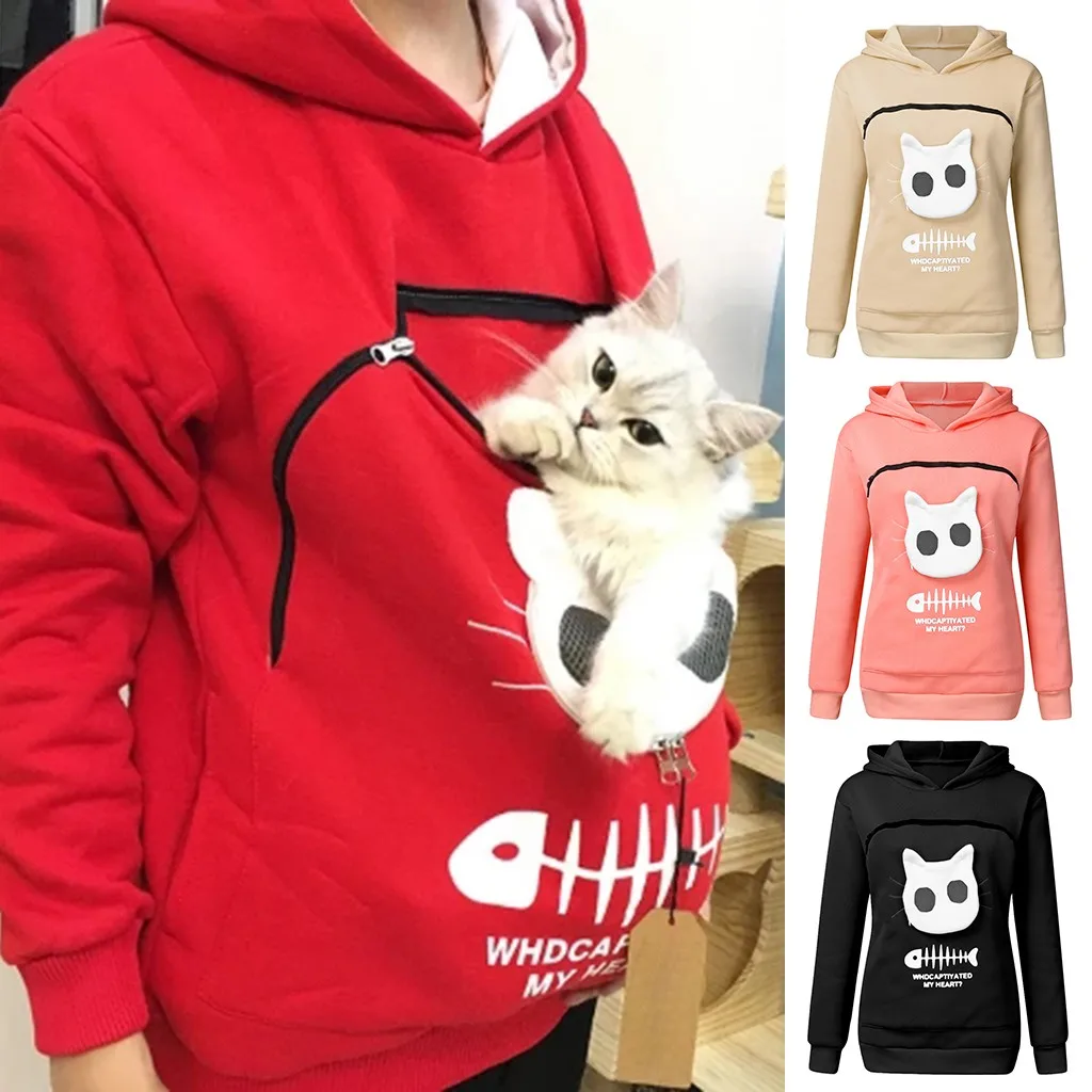 Женская толстовка мешок с нарисованным животным капюшоном топы переноска кошка дышащий пуловер Блузка зима дропшиппинг Мода Wo