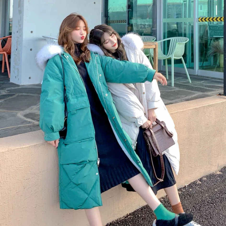 

Photo Shoot Main Push CHIC Ladies' Off-white Mid-length Hooded Model Fur Collar Single Breasted Large Pocket Cotton Coat
