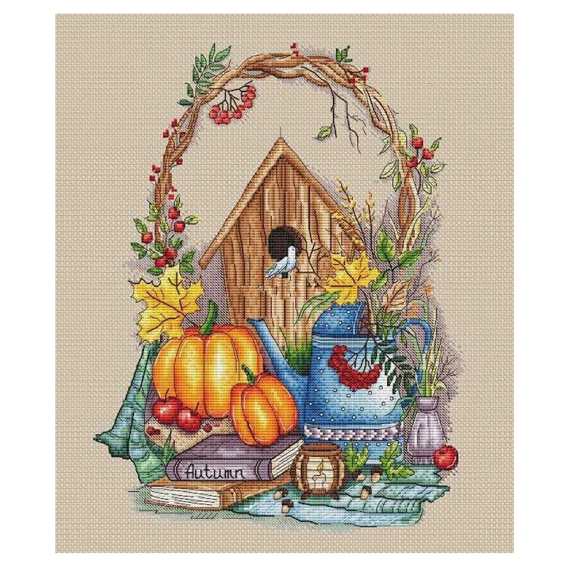 Autumn fruits pumpkin Bird nest Garden kettle Maple leaf Twig wreath