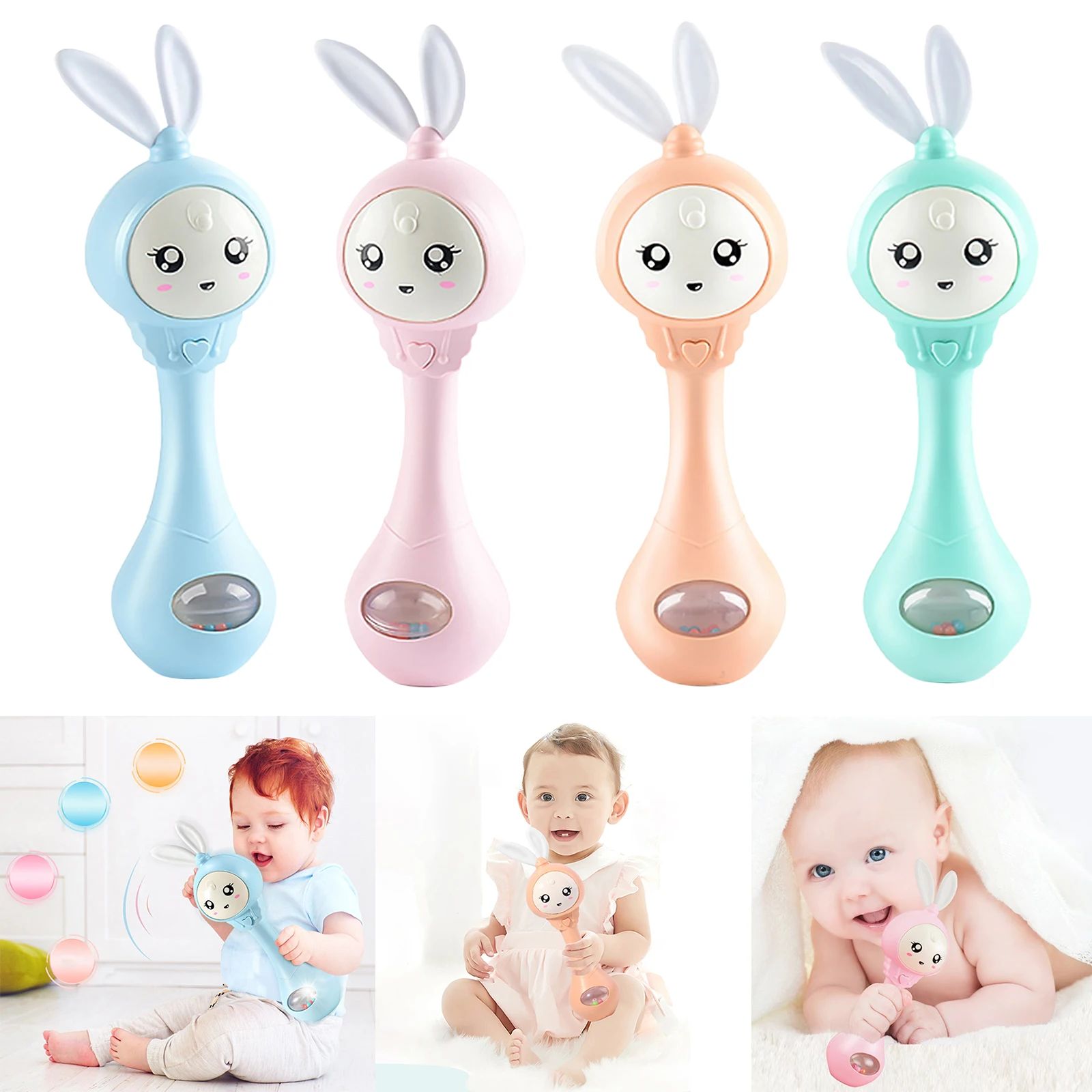 Cartoon Rabbit Baby Shaking Rattle Hand Bell Music Light Teether Toy for Child 0-24 Education Toy