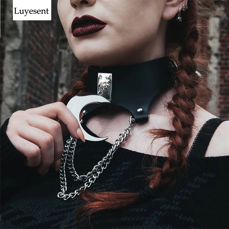 Черный Панк унисекс крутой PU кулон ожерелье 2020 леди готика металла полумесяц