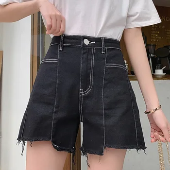 

Shorts Jeans For Women High Waist Plus Size Softener Summer Tassel Black Blue Splice Denim Wide Leg Pants