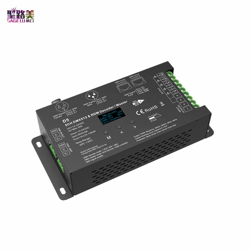 D5 DC 12V -24V 5 Channel Constant Voltage DMX512 & 5CH RDM LED Decoder / Master Controller OLED display 8 bit or 16bit PWM dim