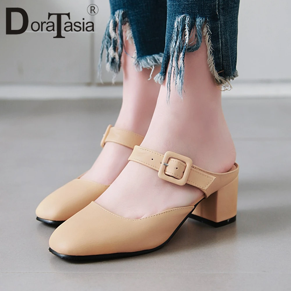 

DORATASIA Fashion Female Summer Pumps Square Heels Round Toe Mules Women Sqaure Toe Slip On Buckle Decorations Shoes Woman