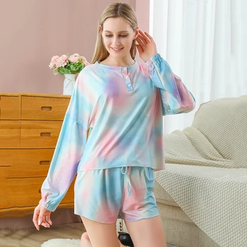 

Fashion Women Sleepwear Set Tie-dye Leisure Short Sleeve Pajama Set Female Nightwear Top Shorts Homewear