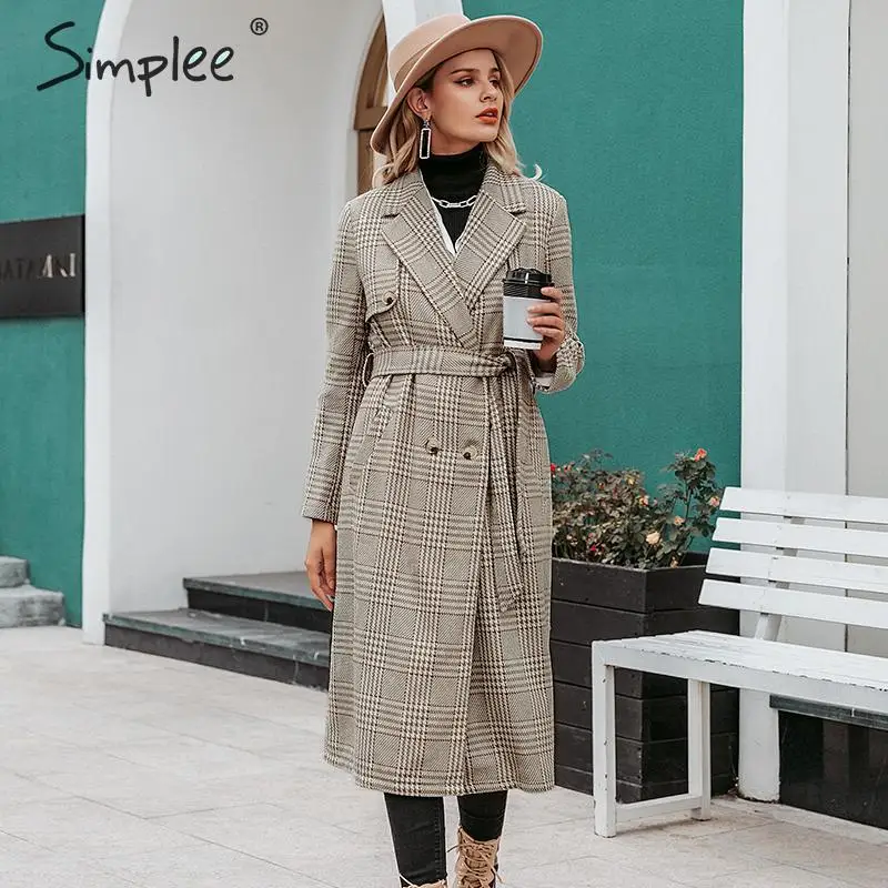 Cena Simplee eleganckie kratki damskie mieszanka guziki do płaszcza szarfa pasek kobiece długie tweedowe płaszcze z długim rękawem jesienne zimowe damskie płaszcze 2019