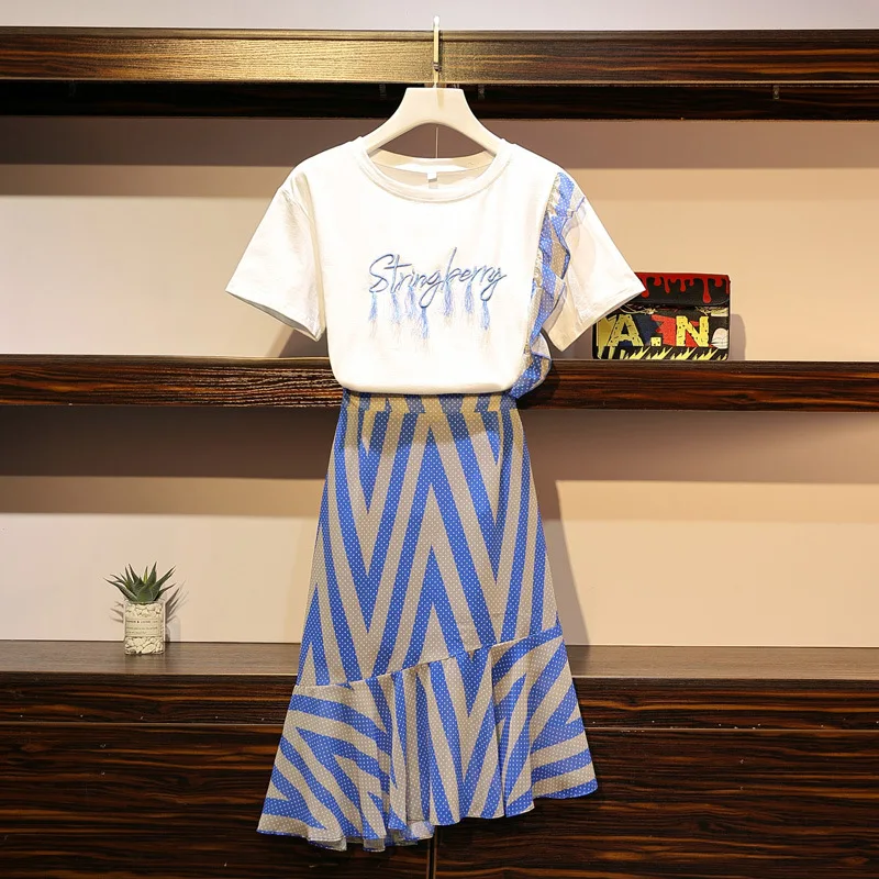 

2019 Summer Large Size Dress Fat Mm Fashion Slimming Embroidered T-shirt Irregular Skirt Two-Piece Set