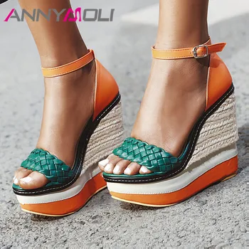 

ANNYMOLI Woman Espadrille Platform Wedges Extreme High Heel Sandals Open Toe Shoes Ankle Buckle Strap Lady Sandals Summer Green