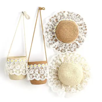 

Summer Kids Sun Hat Foldable Summer Beach Hat with Straw Woven Bag for Girls Outdoor Camping Travel Lace Hat Bag Sets