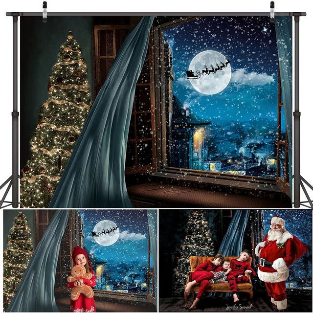 Christmas Window Backdrop Winter Snow Wonderland Birthday Portrait Background Curtain Wreath Christmas Tree Photography Props style-9