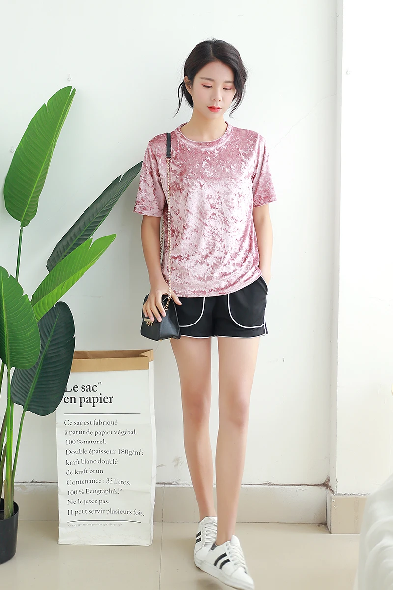 Хорошее качество, женская модная бархатная футболка с коротким рукавом, розовая, черная, зеленая, красная, Женская Корейская стильная повседневная винтажная велюровая футболка, топы