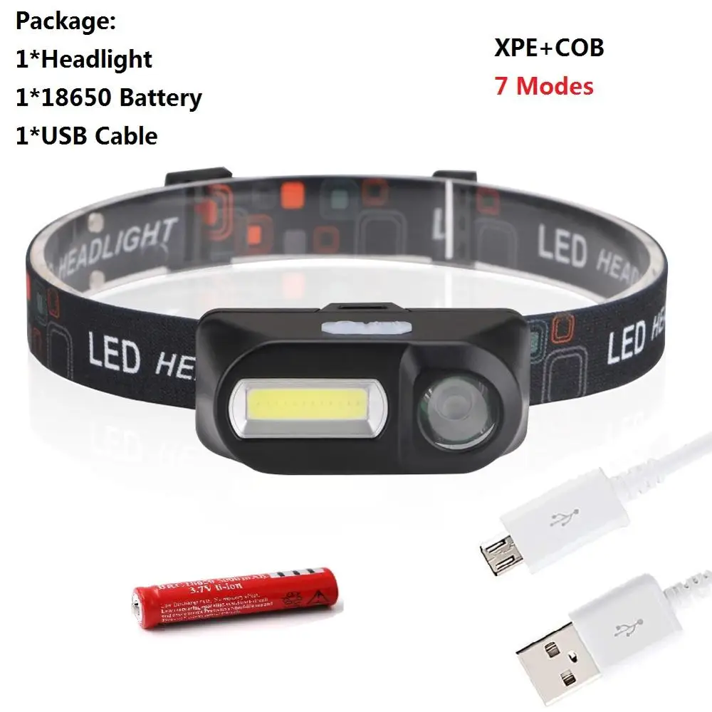 Sanyi COB XPE светодиодный мини-налобный фонарь с 7 режимами usb для зарядки, фонарь для кемпинга, охотничий фронтальный Головной фонарь с аккумулятором 18650 - Испускаемый цвет: With Battery