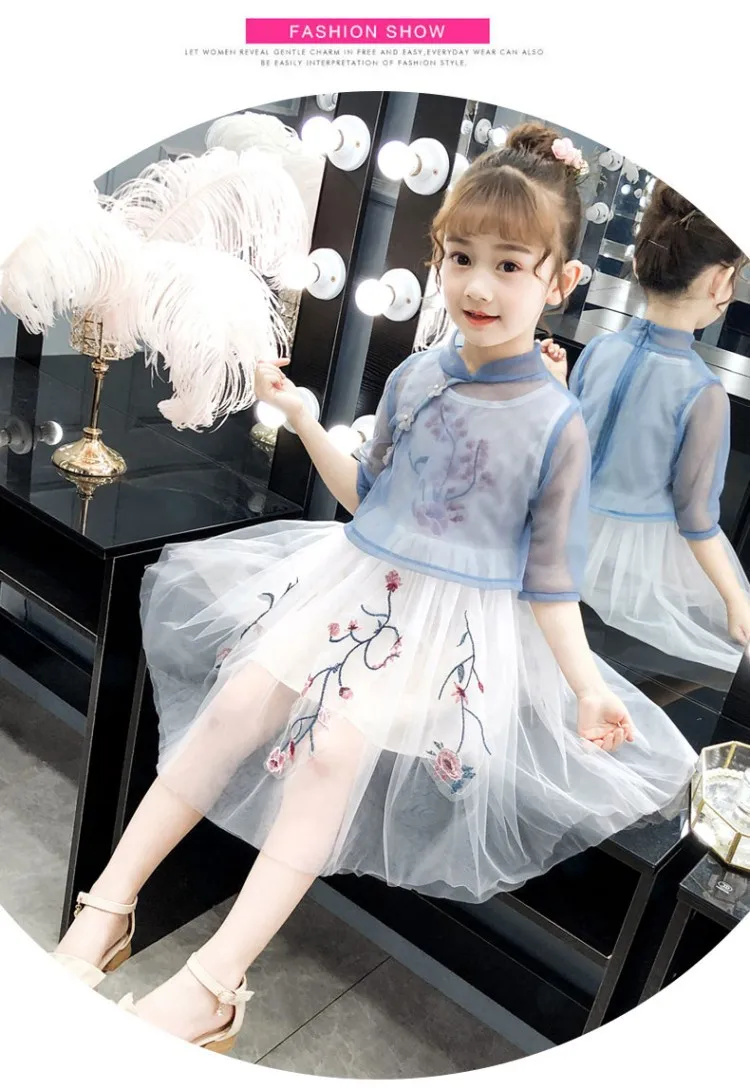 Платья для девочек с цветочной вышивкой, Vestidos, Детские вечерние платья в китайском стиле для девочек весенне-осенняя одежда для девочек 6, 8, 10, 12, 14 лет