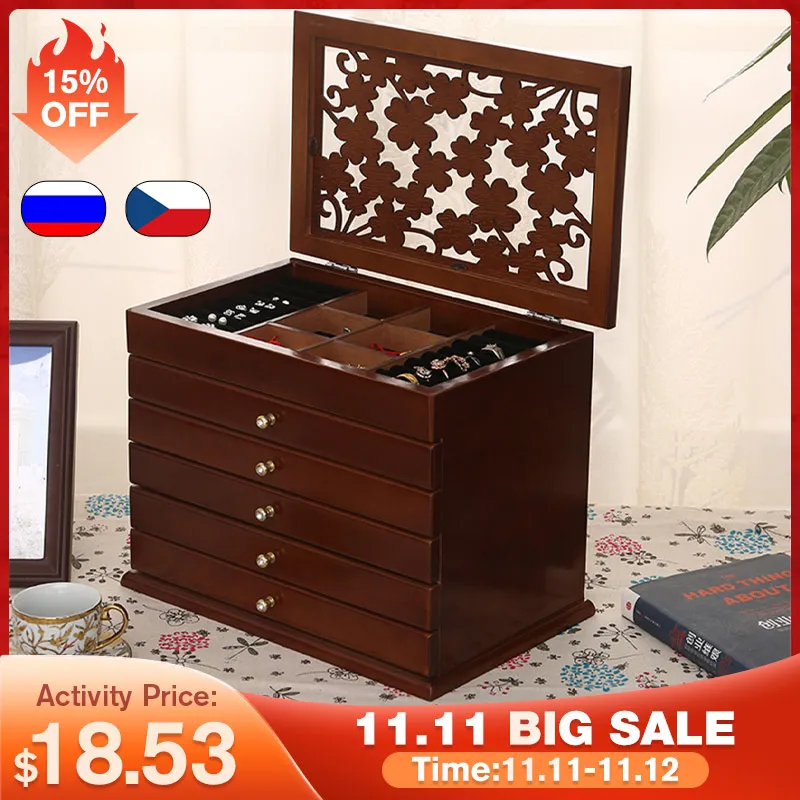 6 Tier Wooden Jewelry Box Luxury Multi-layer Retro Jewelry Display Stand Earring Ring Storage Organizing Station Jewelry Store 1