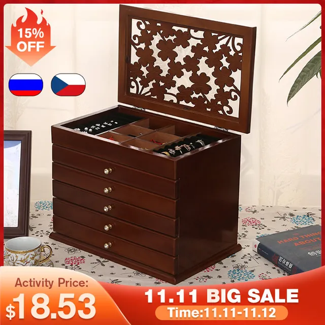 6 Tier Wooden Jewelry Box Luxury Multi-layer Retro Jewelry Display Stand Earring Ring Storage Organizing Station Jewelry Store 1