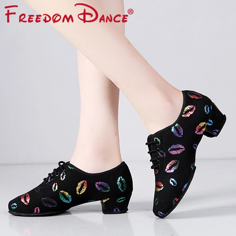 Women's Oxford Cloth Jazz Dance Shoes Ballroom Tango Teacher Mid Heel Sneakers