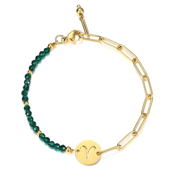 

12 Zodiac Sign Constellation Charm Bracelet for Women Men Gold Stainless Steel Rolo Box Chain Green Faceted Beads DB293