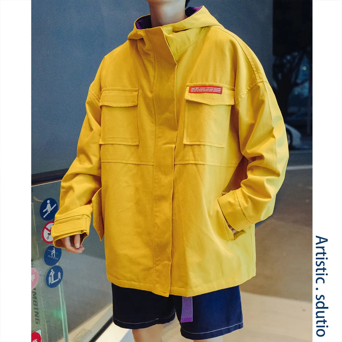 

Spring 2019 Popular Coat Men's Korean-style MEN'S Labor Jacket Trend Loose-Fit Hooded Clothes Multi-pockets Men'S Wear