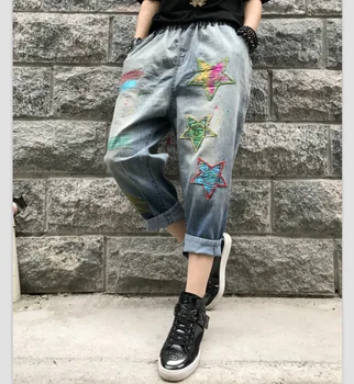 

Vintage Star Embroidery Ankle-length Pants Loose Elastic Waist Women Mom Jeans Harem Jeans Casual Denim Pants Boyfriend Jeans