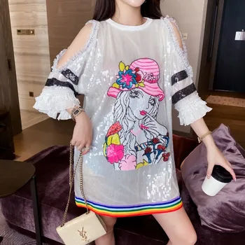 

Kawaii Korean Girls White Sequined Womens Cartoon T Shirt Tops Tee Woman Kawaii Tshirt Camisa Off the Shoulder Tops LT047S50