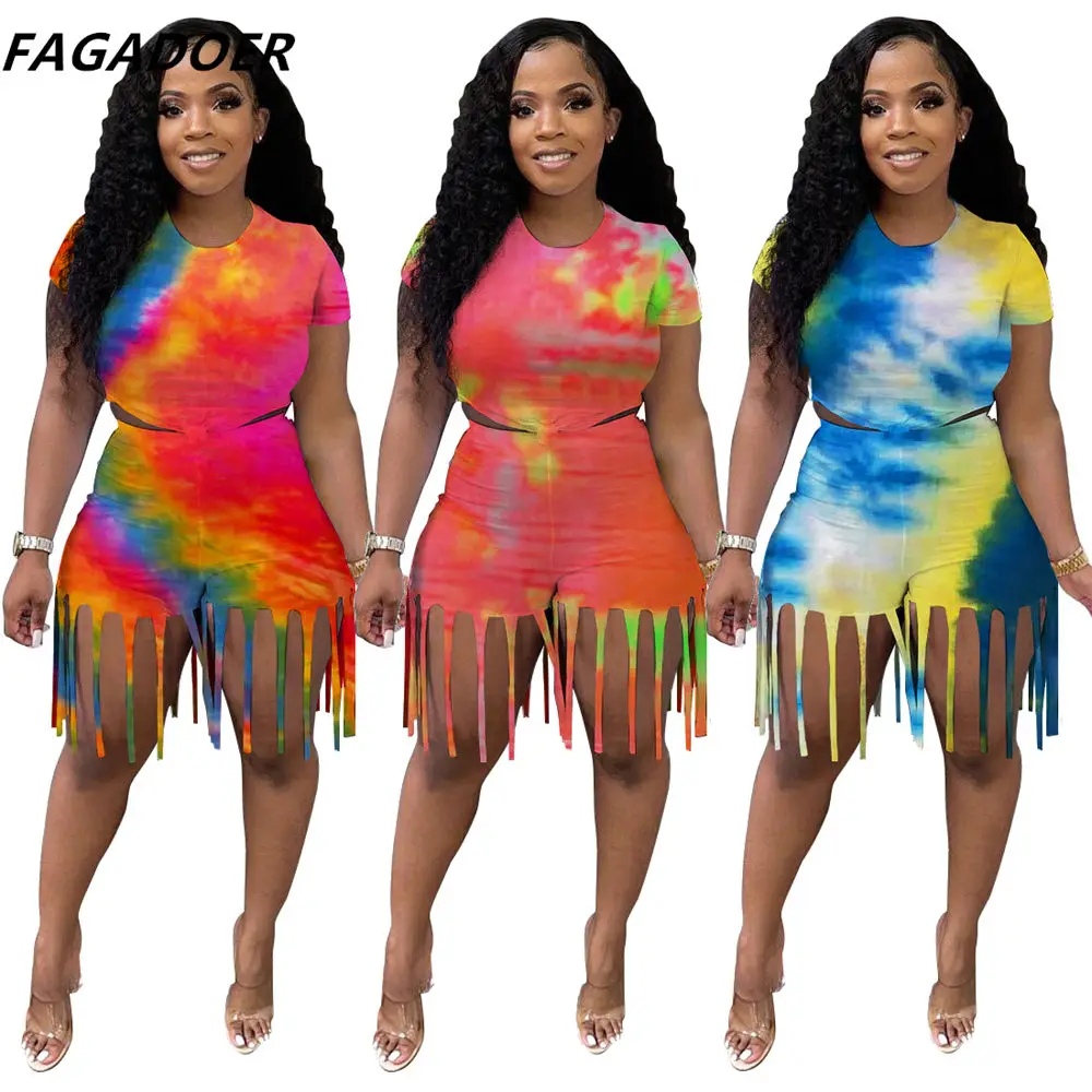 

FAGADOER Two Piece Tie Dye Short Sets Summer Fashion Printed Crop Tops And Tassel Shorts Outfits Casual Streetwear Tracksuits