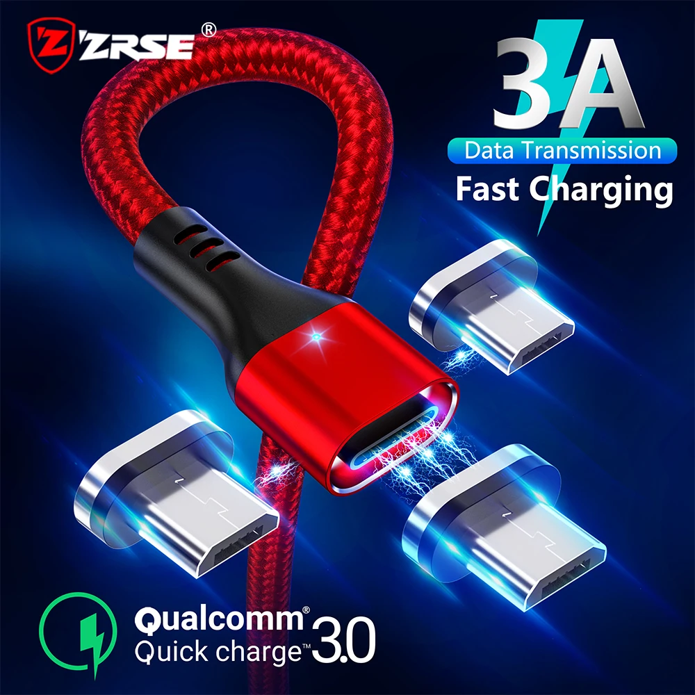 

ZRSE Magnetic Micro USB Cable For Samsung S7 J7 Microusb LED Magnetic Charging Cable for Xiaomi Redmi 4X 3A Fast Charging Cord