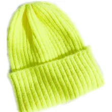 Женская однотонная Шапка-бини для девочек, женская вязаная мягкая теплая зимняя шапка в рубчик, Женская неоновая желтая зеленая фуксия оранжевая шапка