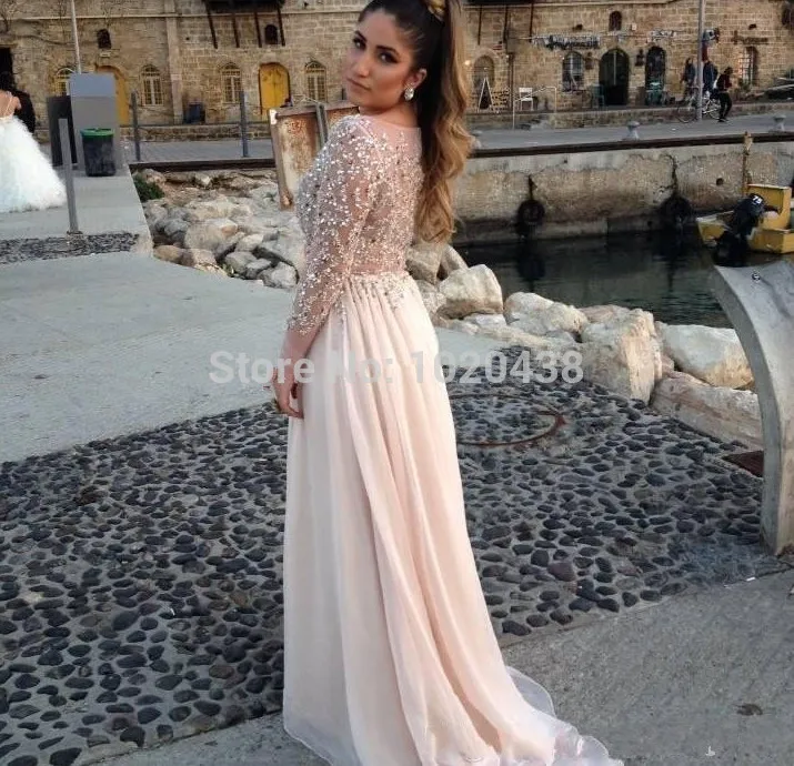 Elegant Chiffon Long Evening Dress Long Sleeve prom dresses Formal party gown Women vestidos para festa Crystals beading